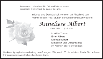 Traueranzeige von Anneliese Albert von Pegnitz-Zeitung